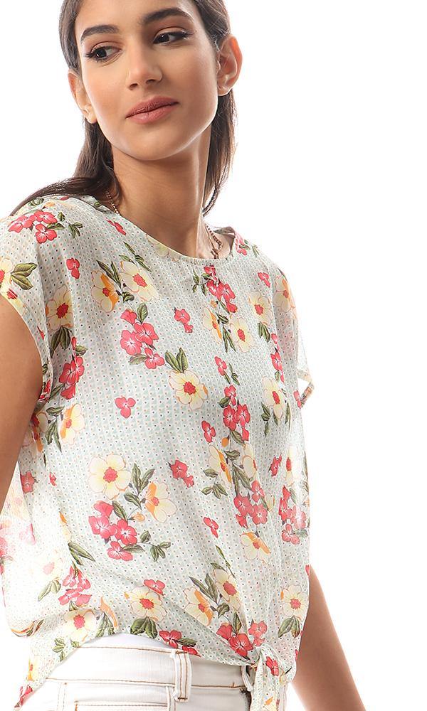 57082 Multicolour Floral Chiffon Blouse With Front Tie - Ravin 