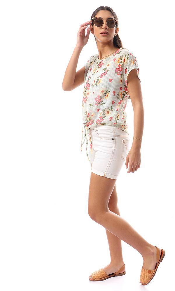 57082 Multicolour Floral Chiffon Blouse With Front Tie - Ravin 