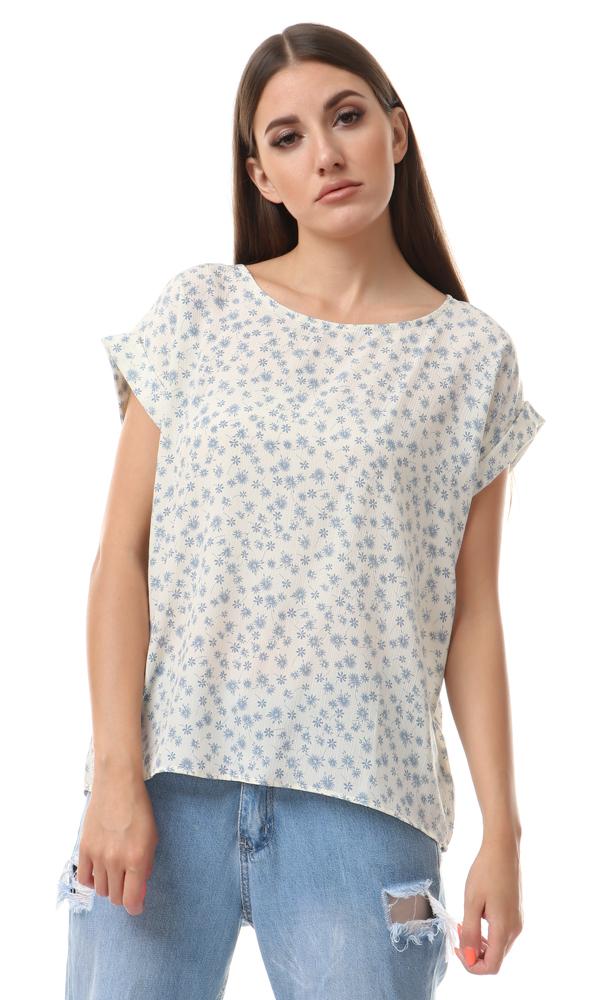 57084 Bi-Tone Floral Loose White & Docside Blue Blouse - Ravin 