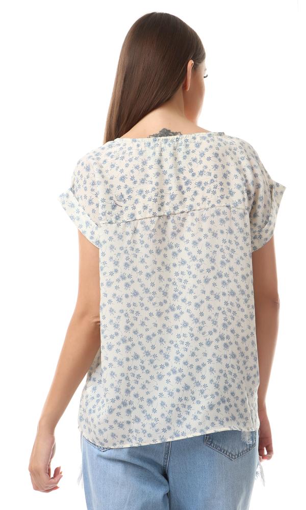 57084 Bi-Tone Floral Loose White & Docside Blue Blouse - Ravin 