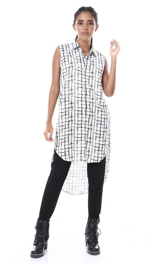 57097 Squares Pattern Buttoned Hi-Low Shirt - White & Black - Ravin 