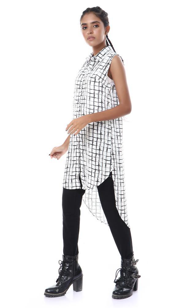 57097 Squares Pattern Buttoned Hi-Low Shirt - White & Black - Ravin 