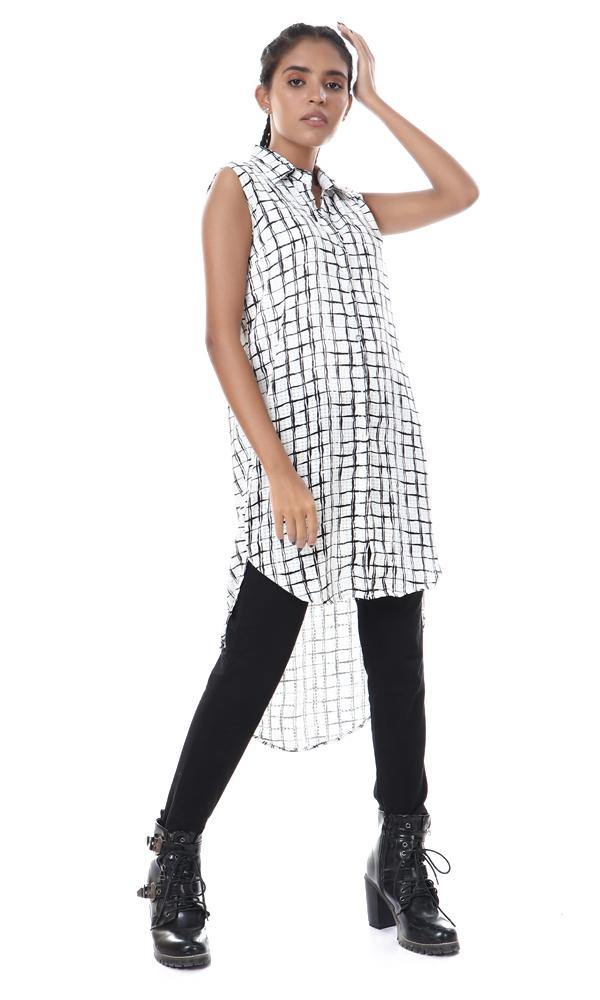 57097 Squares Pattern Buttoned Hi-Low Shirt - White & Black - Ravin 