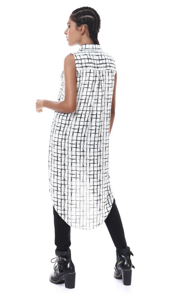 57097 Squares Pattern Buttoned Hi-Low Shirt - White & Black - Ravin 
