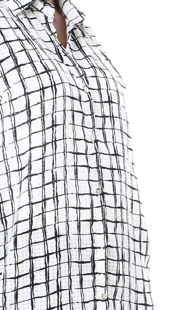 57097 Squares Pattern Buttoned Hi-Low Shirt - White & Black - Ravin 