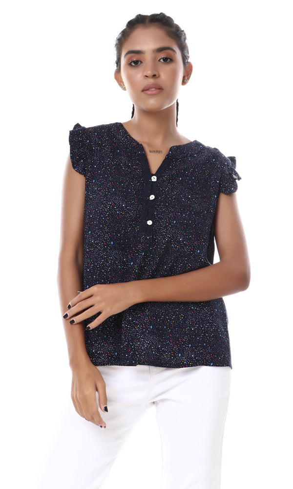 57098 Colorful Dots With Stars Buttoned Navy Blue Blouse - Ravin 