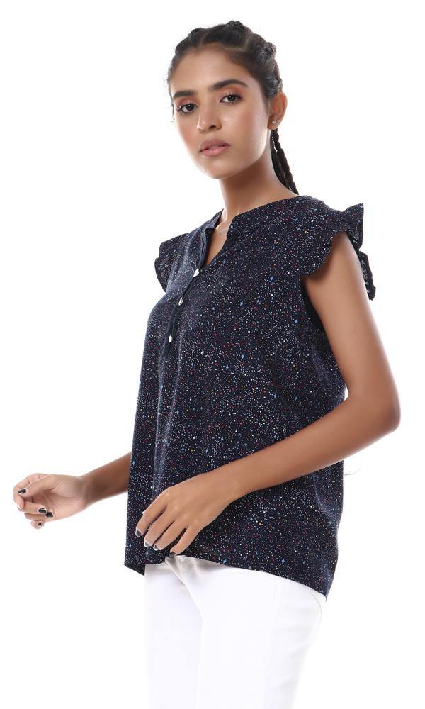 57098 Colorful Dots With Stars Buttoned Navy Blue Blouse - Ravin 