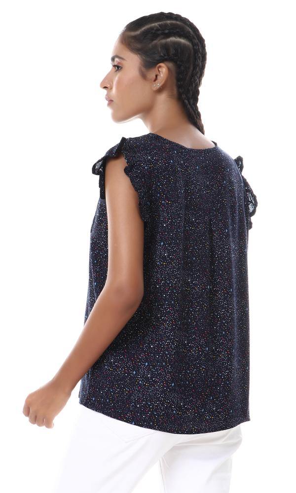 57098 Colorful Dots With Stars Buttoned Navy Blue Blouse - Ravin 