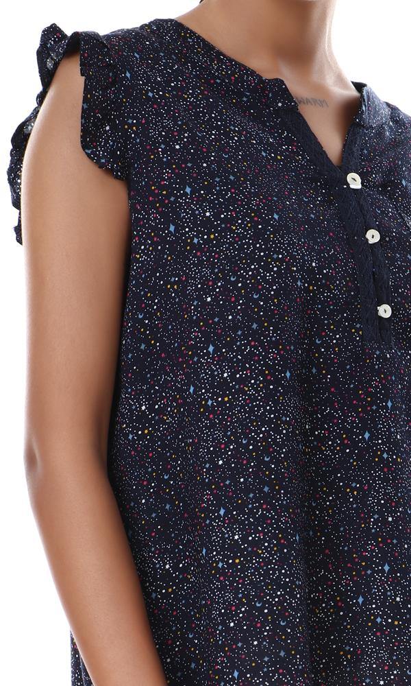 57098 Colorful Dots With Stars Buttoned Navy Blue Blouse - Ravin 