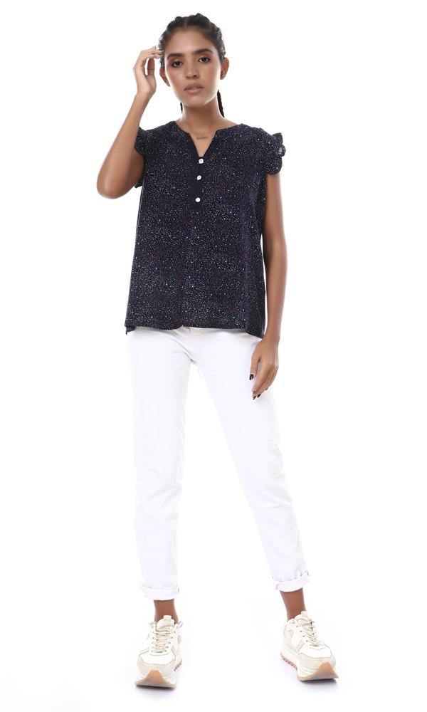 57098 Colorful Dots With Stars Buttoned Navy Blue Blouse - Ravin 