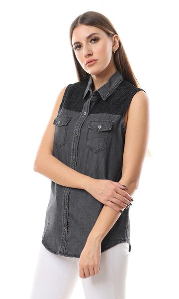 57102 Upper Lace Sleeveless Buttoned Black Denim Shirt - Ravin 