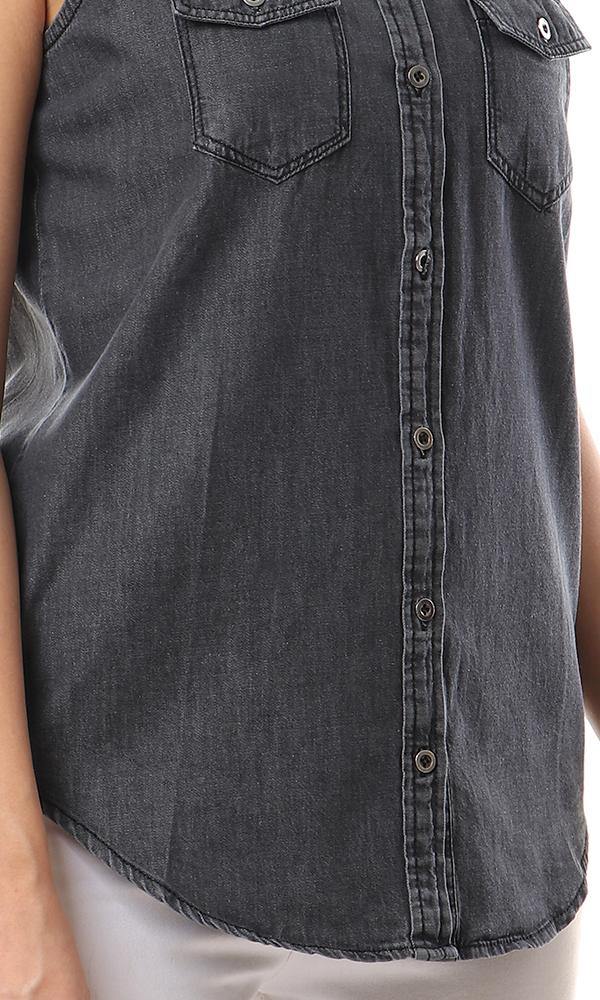 57102 Upper Lace Sleeveless Buttoned Black Denim Shirt - Ravin 