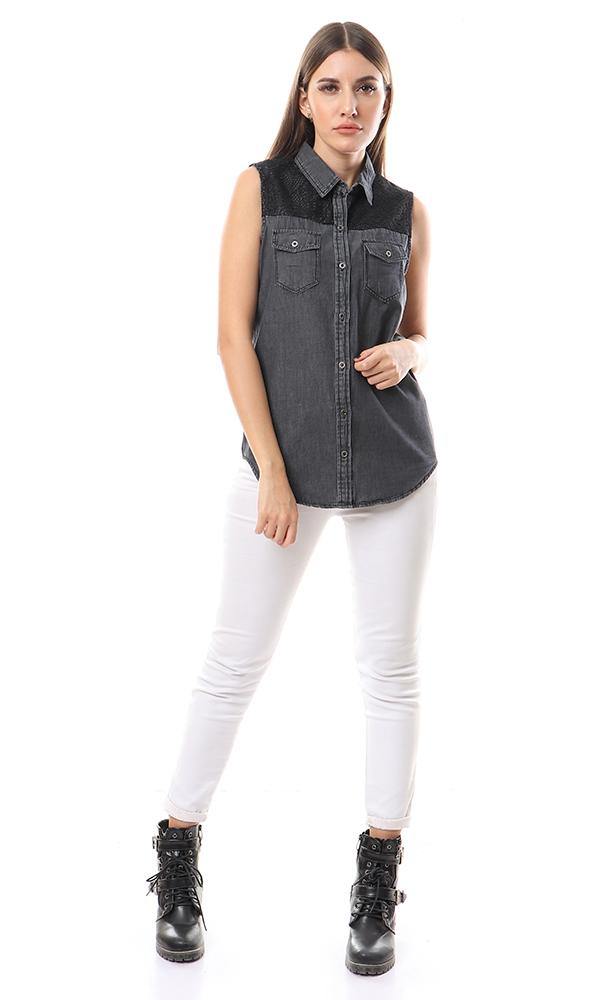 57102 Upper Lace Sleeveless Buttoned Black Denim Shirt - Ravin 