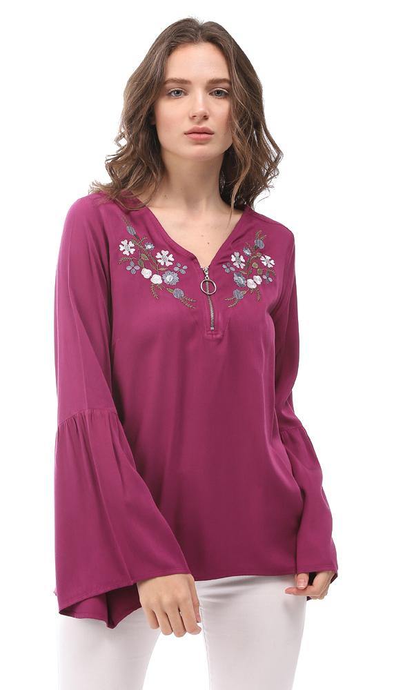 57118 Zipper V-Neck Embroidered Blouse - Purple - Ravin 