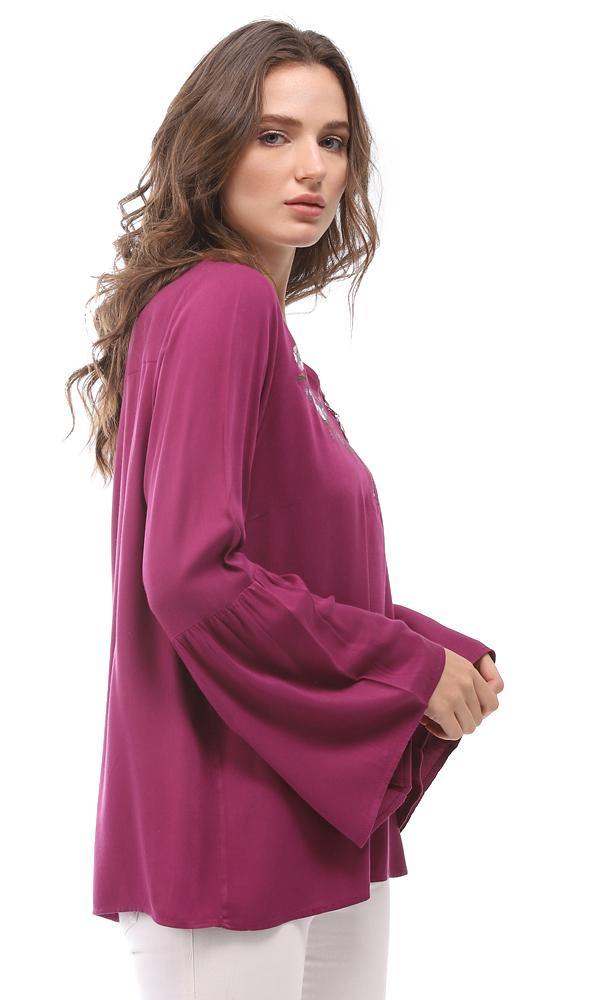 57118 Zipper V-Neck Embroidered Blouse - Purple - Ravin 