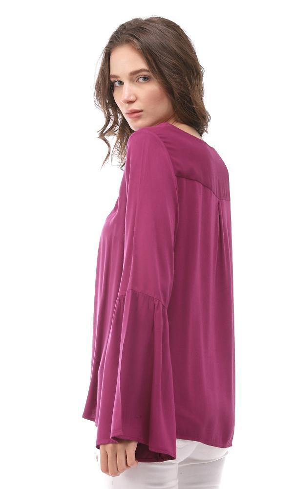 57118 Zipper V-Neck Embroidered Blouse - Purple - Ravin 