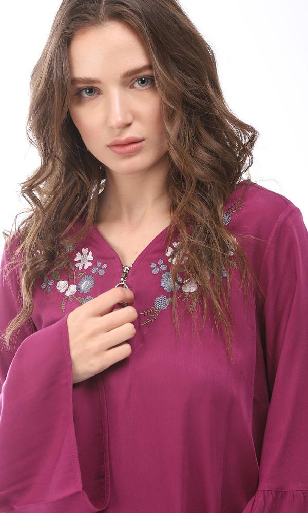 57118 Zipper V-Neck Embroidered Blouse - Purple - Ravin 