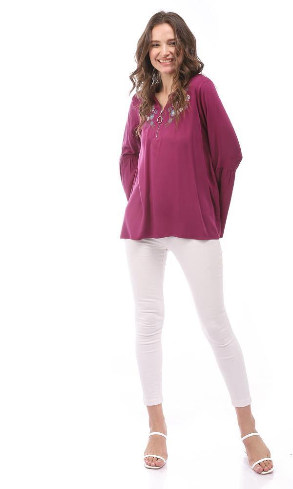 57118 Zipper V-Neck Embroidered Blouse - Purple - Ravin 
