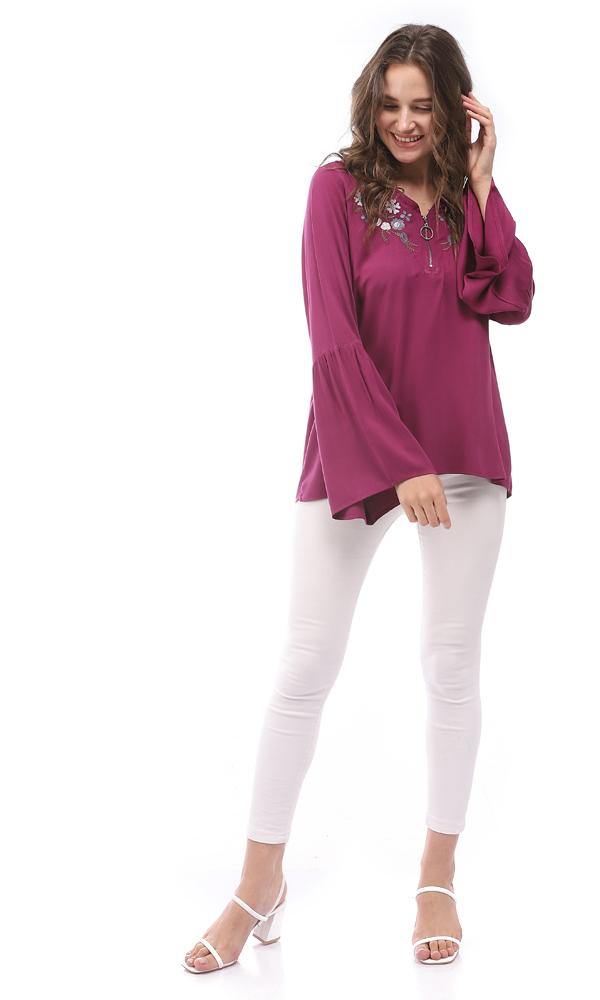 57118 Zipper V-Neck Embroidered Blouse - Purple - Ravin 