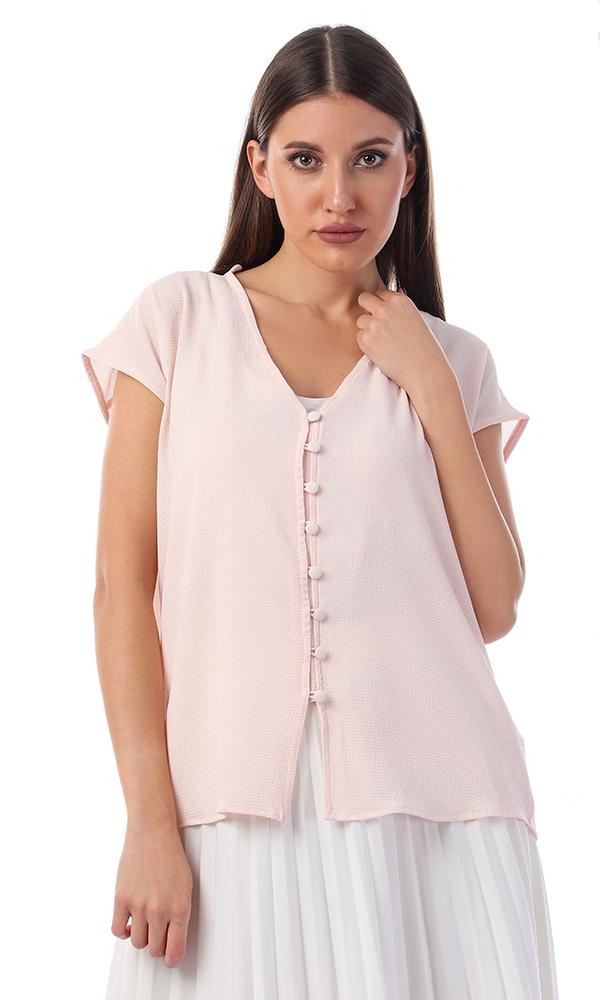 57121 Buttoned V-Neck Elegant Shirt - Powder Pink - Ravin 