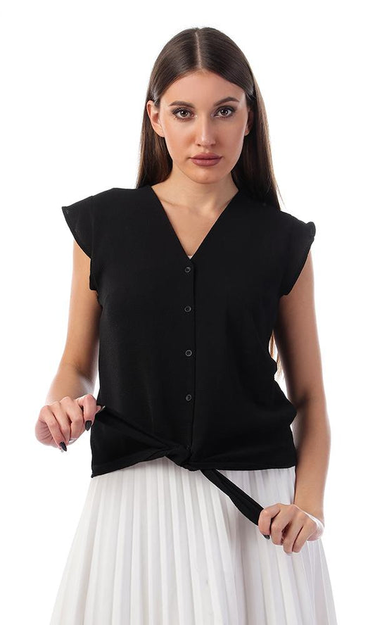 57133 Tie-Front Buttoned V-Neck Black Shirt - Ravin 