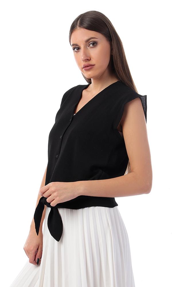 57133 Tie-Front Buttoned V-Neck Black Shirt - Ravin 