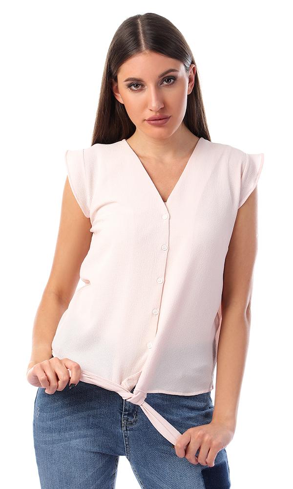 57134 Buttoned V-Neck Shirt With Front Tie - Powder Pink - Ravin 