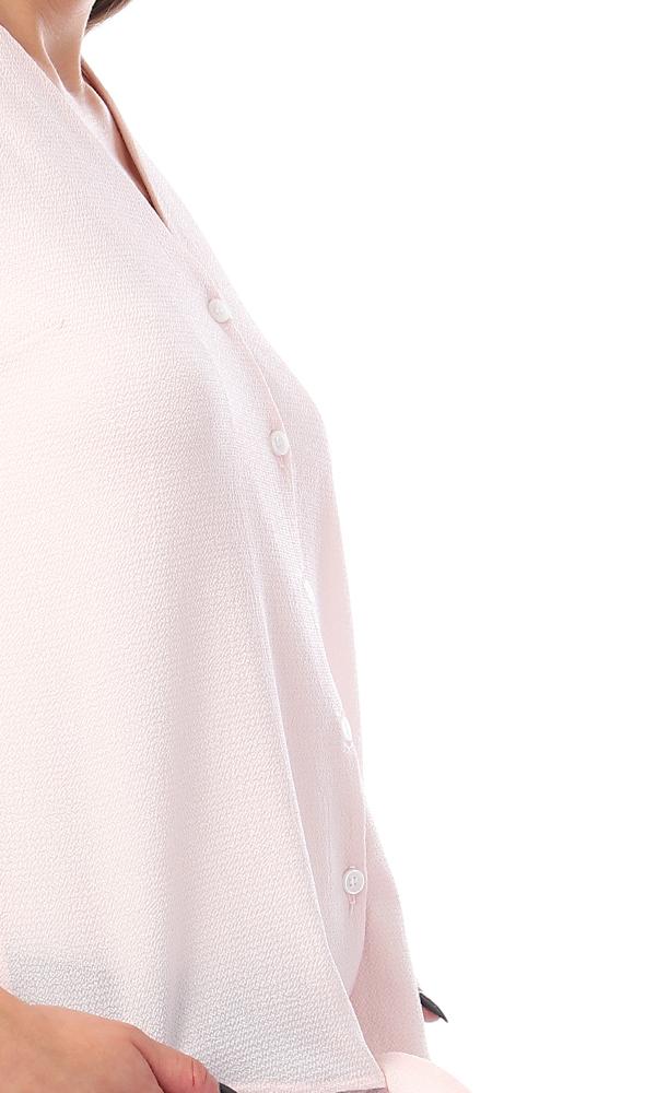 57134 Buttoned V-Neck Shirt With Front Tie - Powder Pink - Ravin 