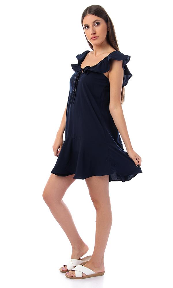 57140 Ruffled Tie-Front Navy Blue Dress - Ravin 