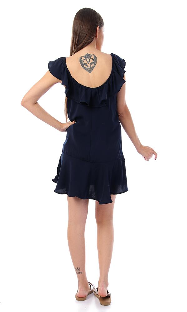 57140 Ruffled Tie-Front Navy Blue Dress - Ravin 