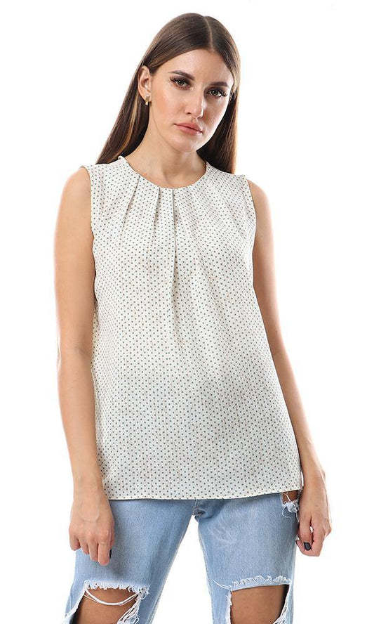 57145 Chic Dotted Back Button Off White Top - Ravin 