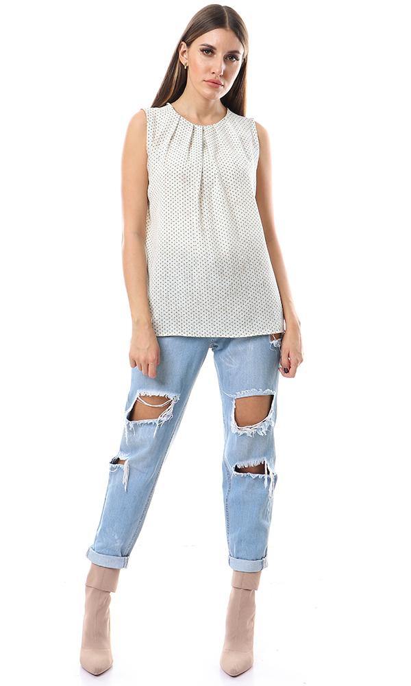 57145 Chic Dotted Back Button Off White Top - Ravin 