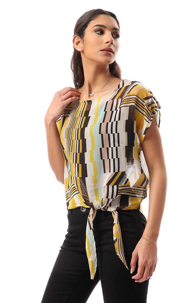 57148 Multicolour Sheer Chiffon Blouse With Front Tie - Ravin 