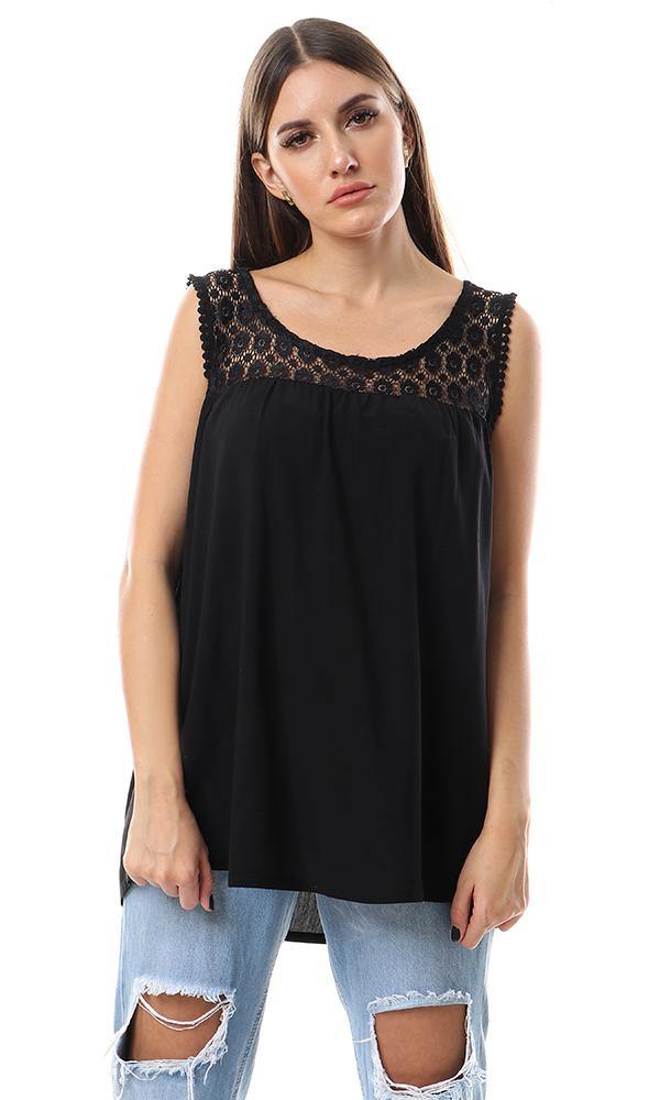 57152 Perforated Lace Neck Sleeveless Blouse - Black - Ravin 