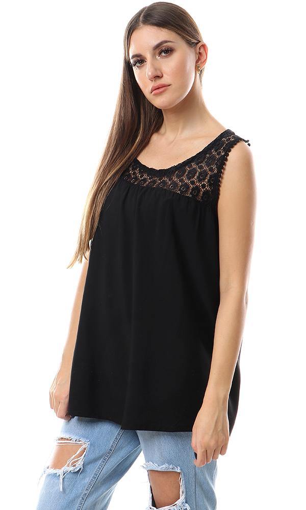 57152 Perforated Lace Neck Sleeveless Blouse - Black - Ravin 