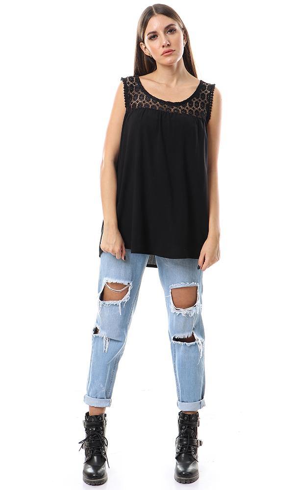 57152 Perforated Lace Neck Sleeveless Blouse - Black - Ravin 