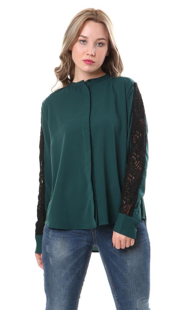 57165 Perforated Lace Sleeves Forest Green Shirt - Ravin 