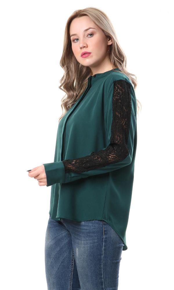 57165 Perforated Lace Sleeves Forest Green Shirt - Ravin 