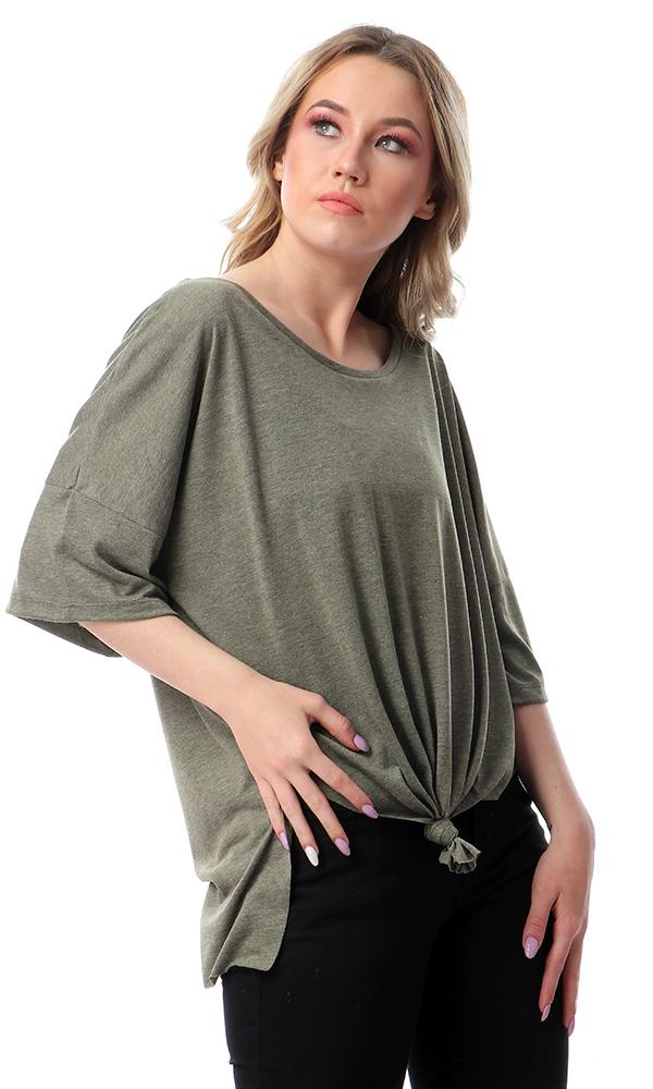 57173 Loose Fit Front-Tie Heather Olive T-Shirt - Ravin 