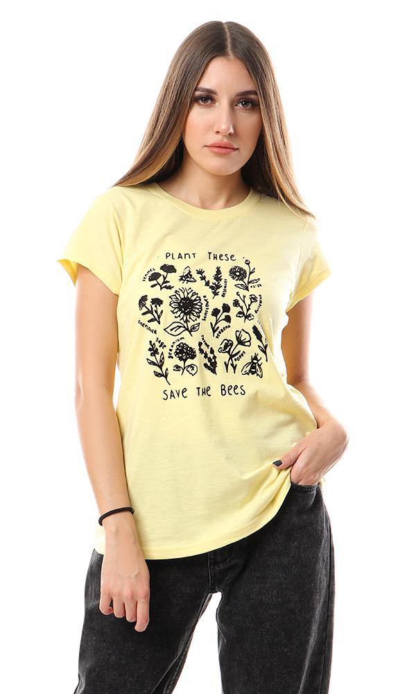 57179 Black Printing Casual Round Yellow Tee - Ravin 