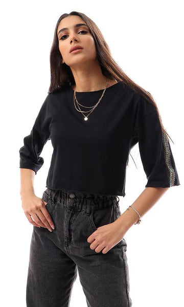 57180 Stitched Sequins Elbow Sleeves Black Cropped Tee - Ravin 