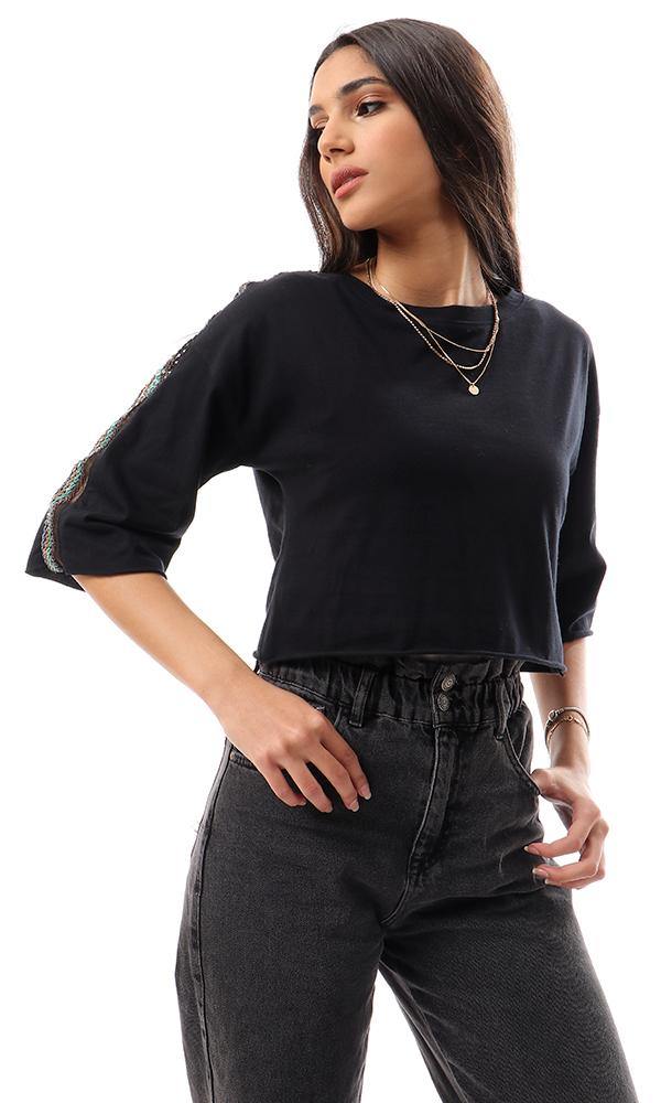 57180 Stitched Sequins Elbow Sleeves Black Cropped Tee - Ravin 