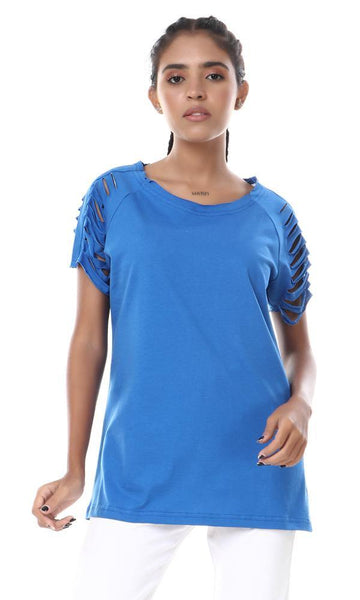 57184 Perforated Cuts Short Sleeves Blue T-shirt - Ravin 