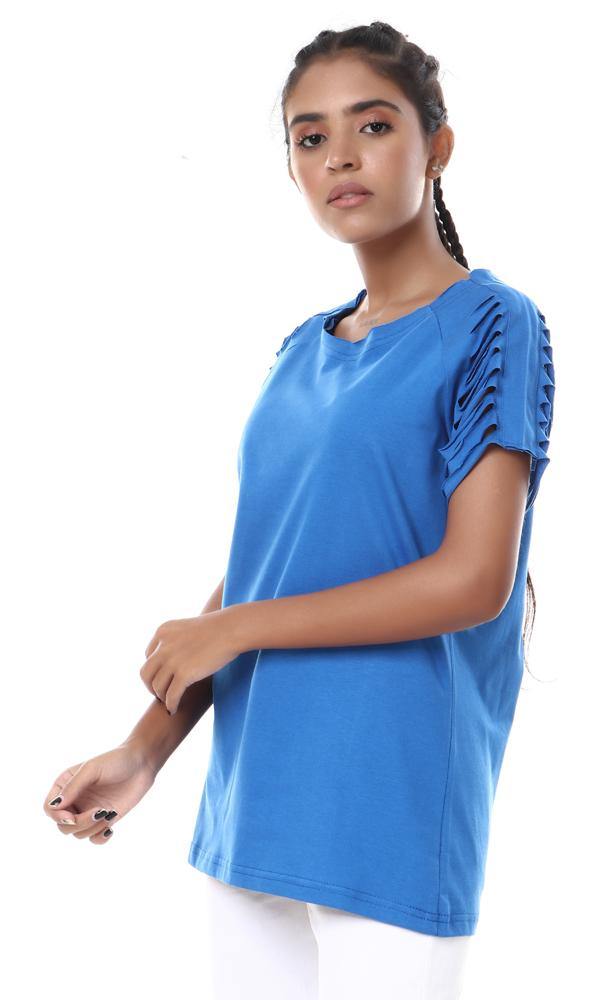 57184 Perforated Cuts Short Sleeves Blue T-shirt - Ravin 