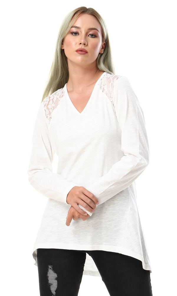 57189 High Low Off White Top With Lace Accent - Ravin 