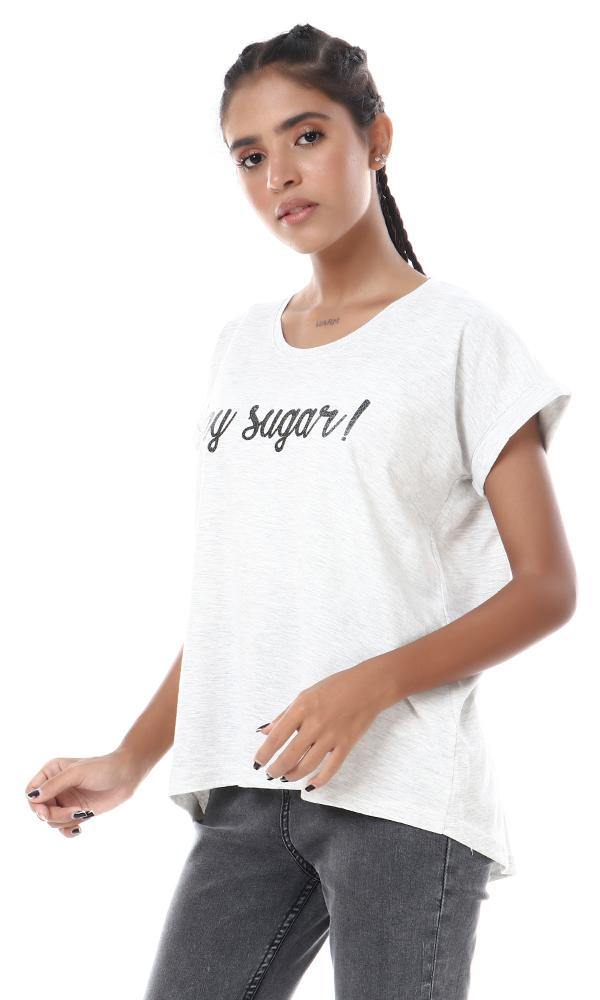 57192 Glittery Hey Sugar Crew Neck T-shirt - Heather Light Grey - Ravin 