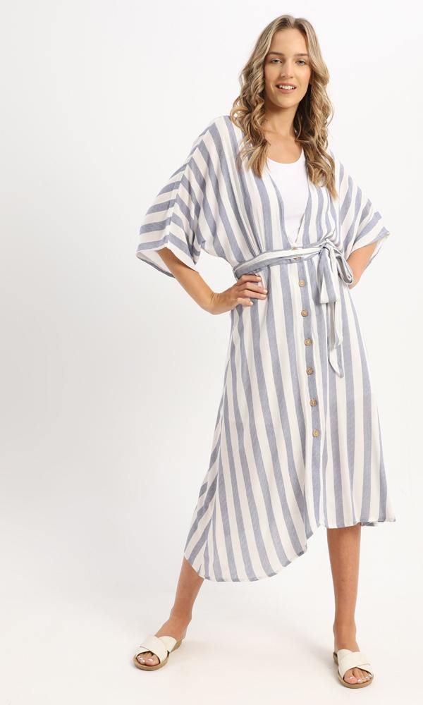 57257 Open Deep V-Neck Blue & White Summer Dress - Ravin 