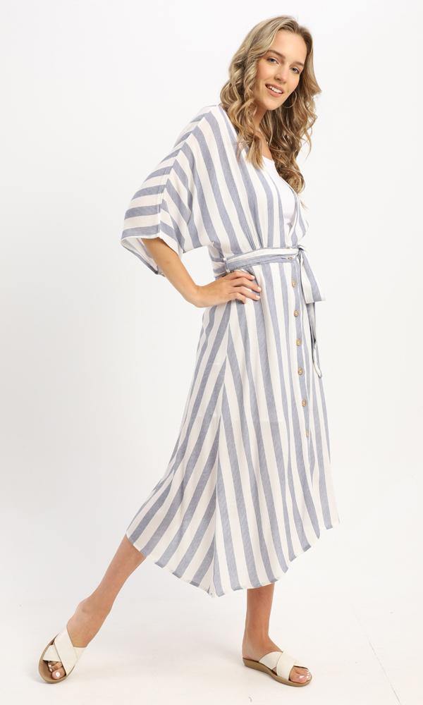 57257 Open Deep V-Neck Blue & White Summer Dress - Ravin 