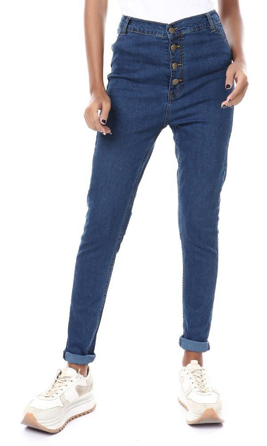 57300 Front Buttons Solid Skinny Fit Jeans - Dark Blue - Ravin 