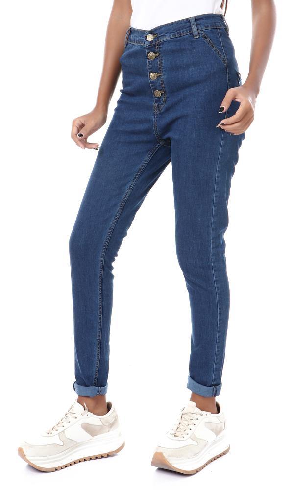 57300 Front Buttons Solid Skinny Fit Jeans - Dark Blue - Ravin 